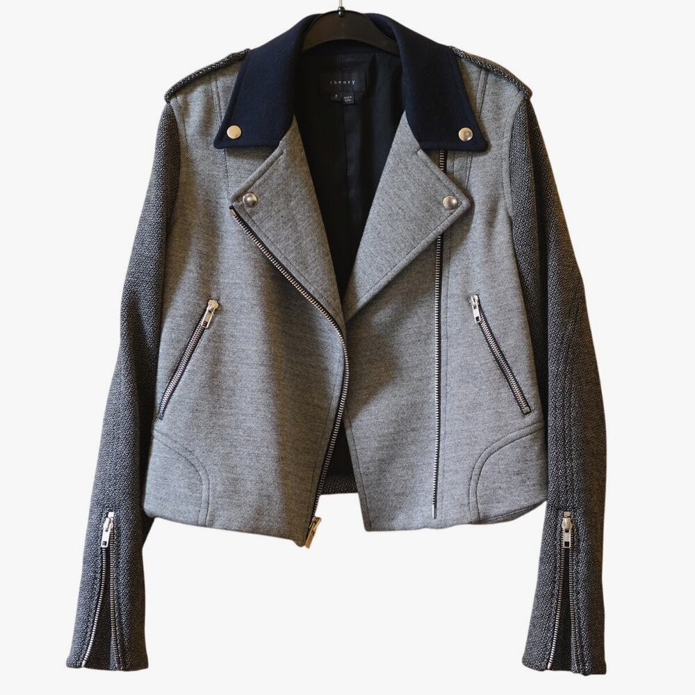 Theory Motorcycle Moto Cropped Urban Zipper Jacket Size Small Black Grey